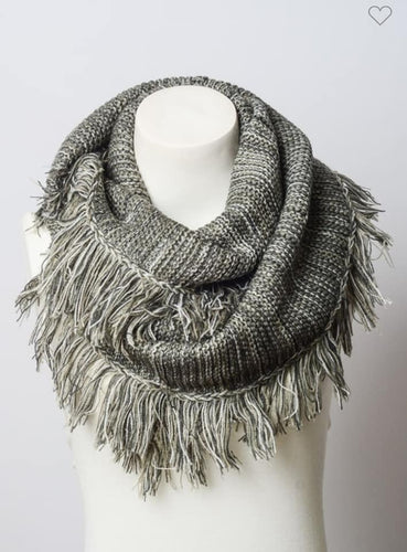 Grey Marled Knit Fringe Infinity Scarf