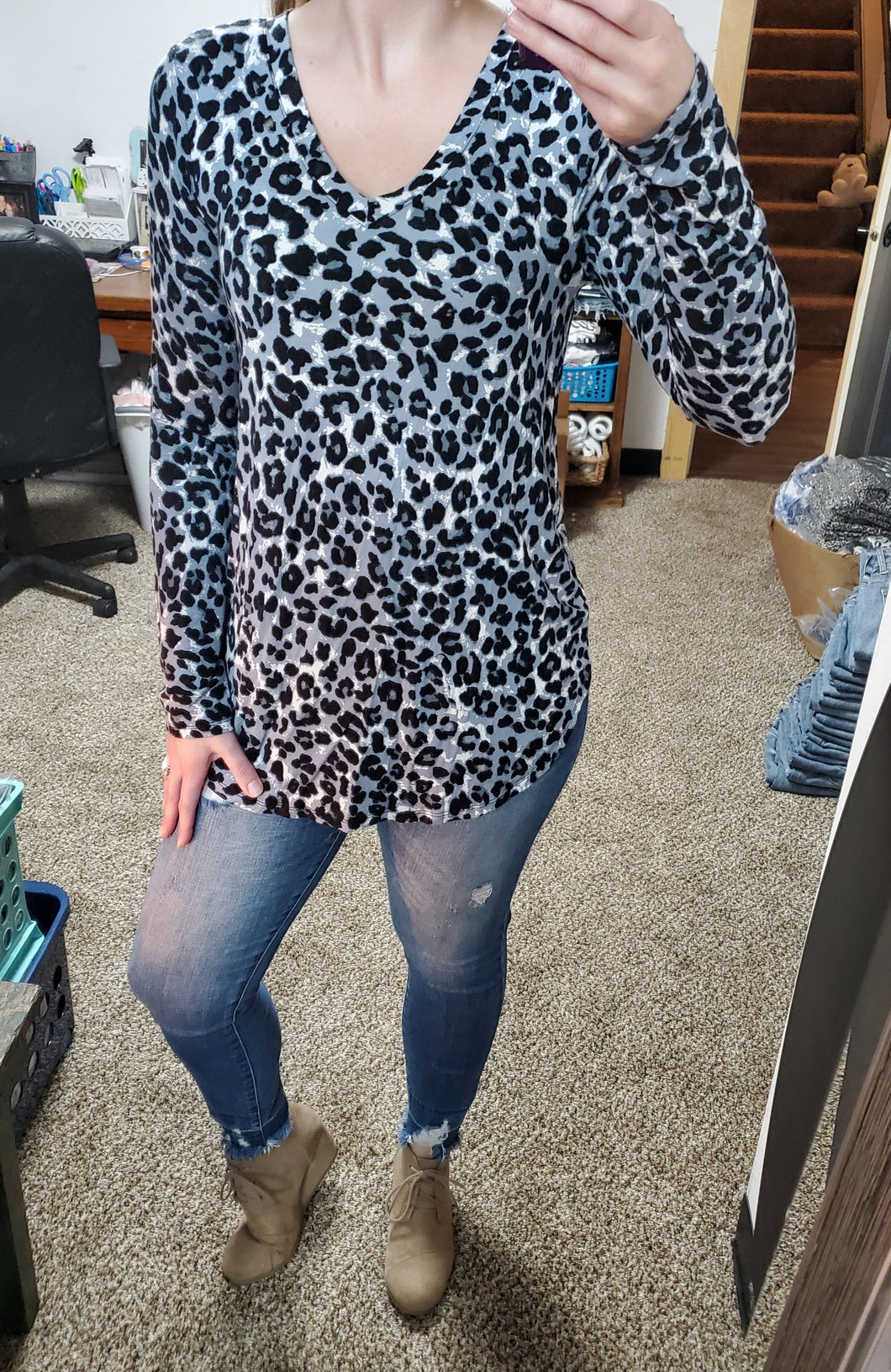 Grey Leopard Luxe Vneck Top
