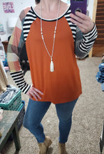 Load image into Gallery viewer, Fall Rust Teal Plaid Stripe Raglan Top