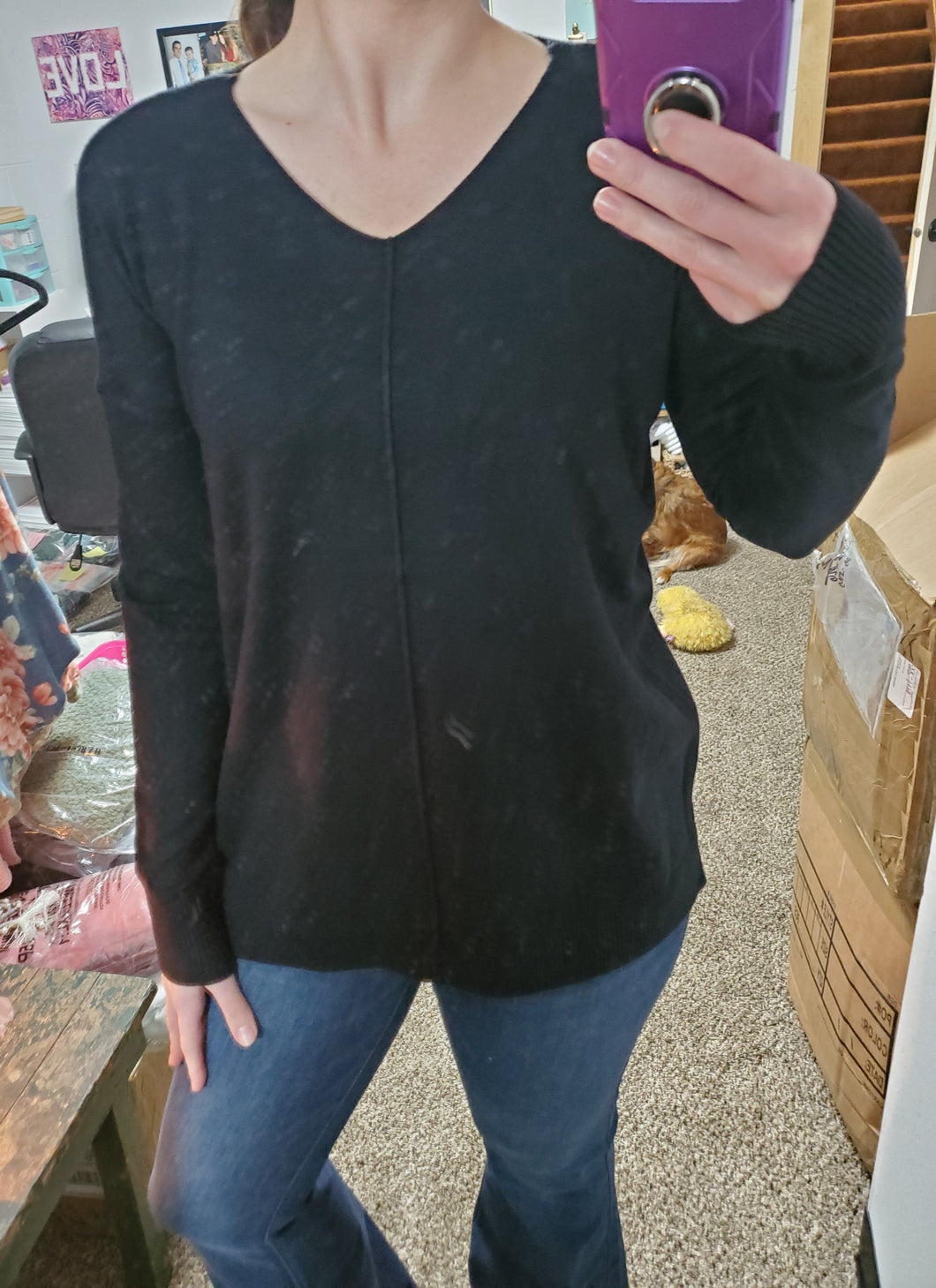 Solid Black Cashmere Feel Vneck Sweater