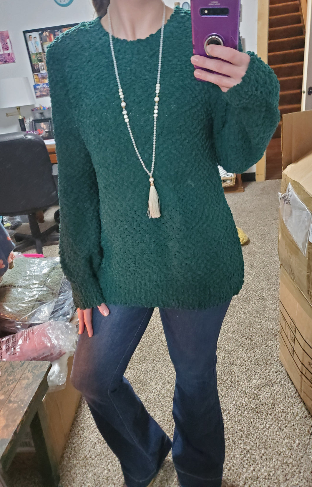 Ultra Soft Dk Green Popcorn Sweater