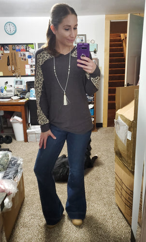 Charcoal Grey Leopard Criss Cross Detail Sleeve Top