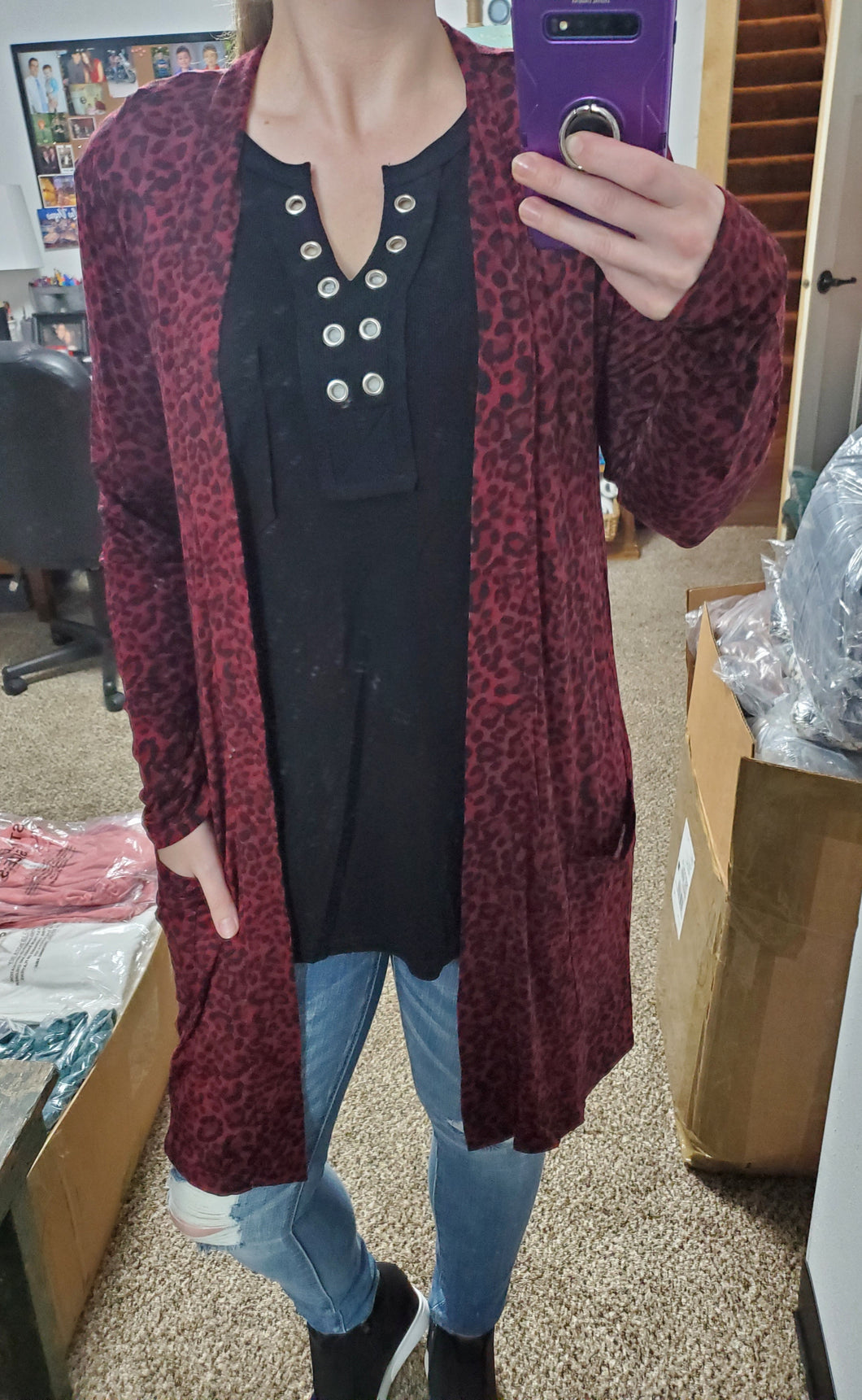Burgundy/Black Leopard Favorite Cardigan