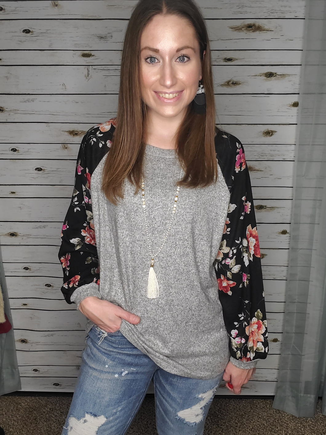 Soft Black Floral Contrast Sleeve Top