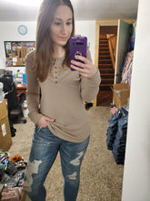 Load image into Gallery viewer, Taupe Lace Detail Button Henley Top