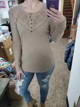 Load image into Gallery viewer, Taupe Lace Detail Button Henley Top