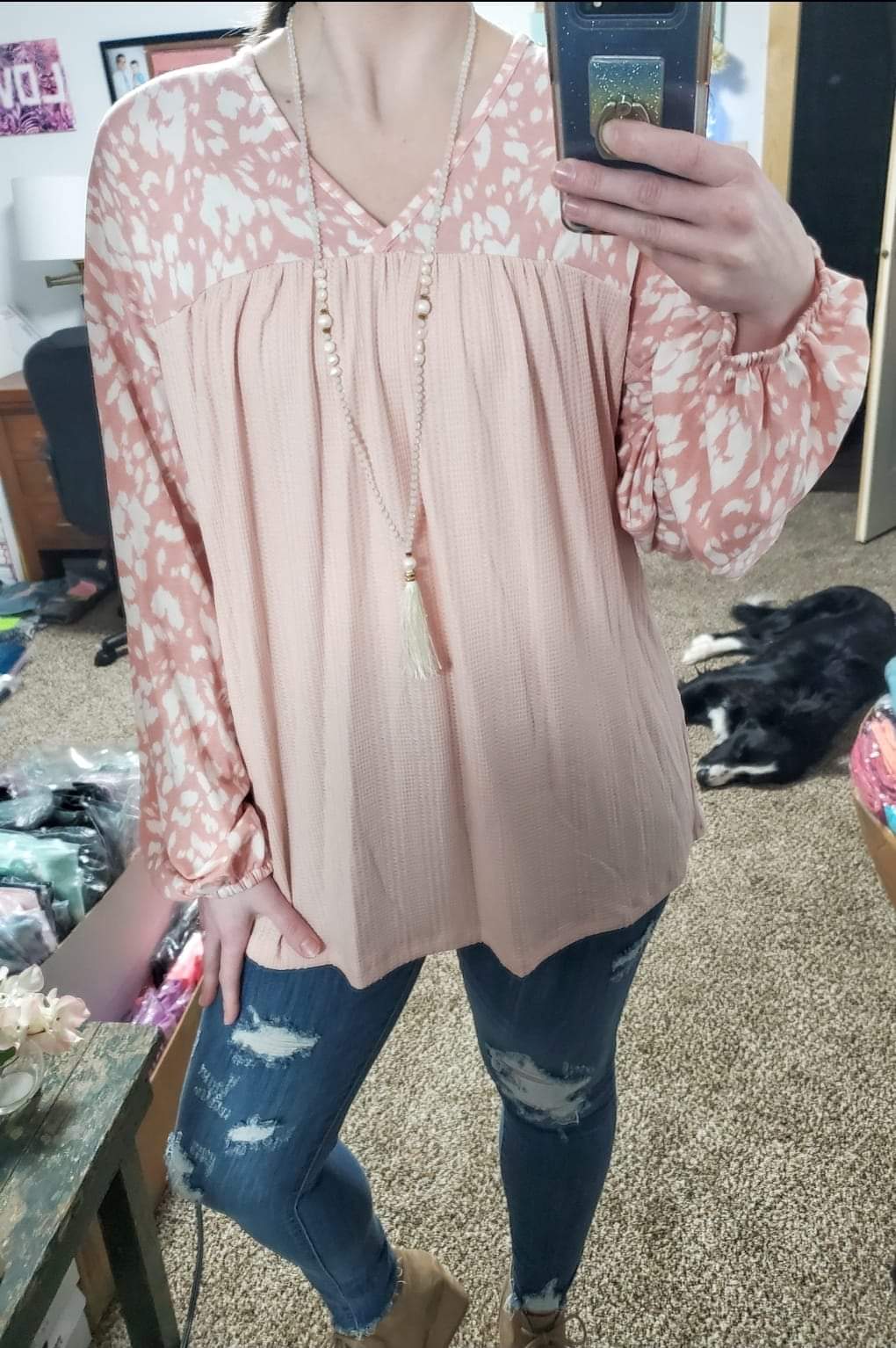 Blush Pink Leopard Contrast Blouse