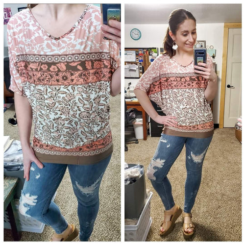 Blush Taupe Paisley Floral Dolman Top