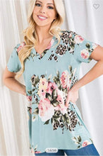 Load image into Gallery viewer, Mint Floral Leopard Vneck Tee