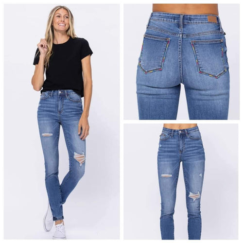 Judy Blue Multi-Color Embroidered Pocket Skinny Jeans