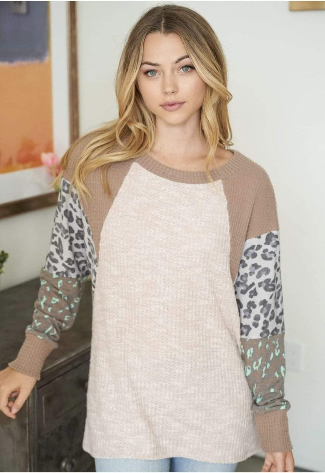 Ultra Soft Beige Two Tone Leopard Contrast Raglan Top