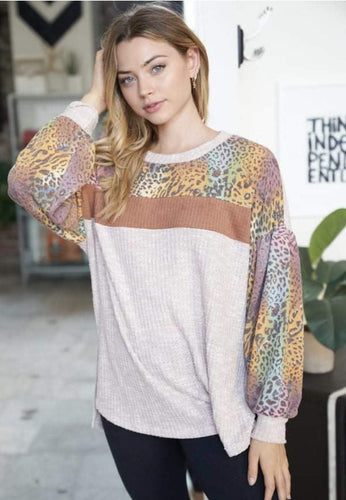 Beige Multi-color Leopard Colorblock Soft Top