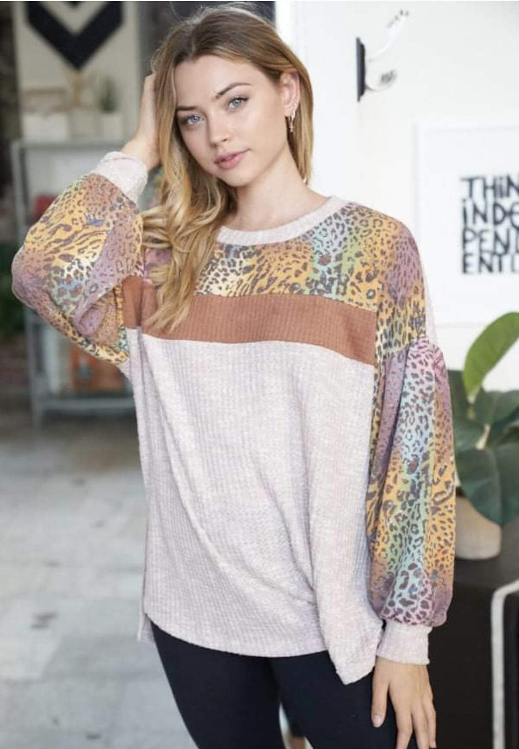 Beige Multi-color Leopard Colorblock Soft Top