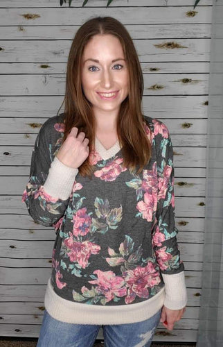 Charcoal Grey Floral Vneck Soft Dolman