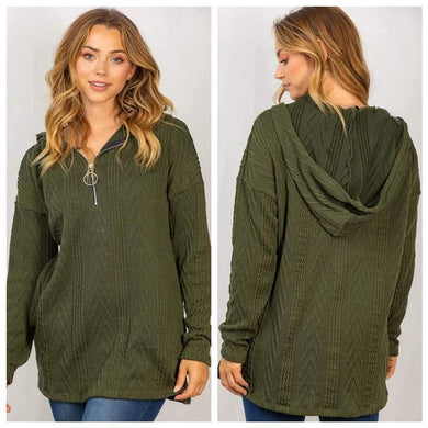 Soft Olive Textured Half Zip Hoodie