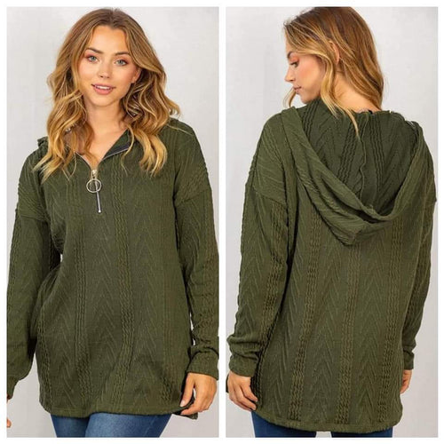 Soft Olive Textured Half Zip Hoodie