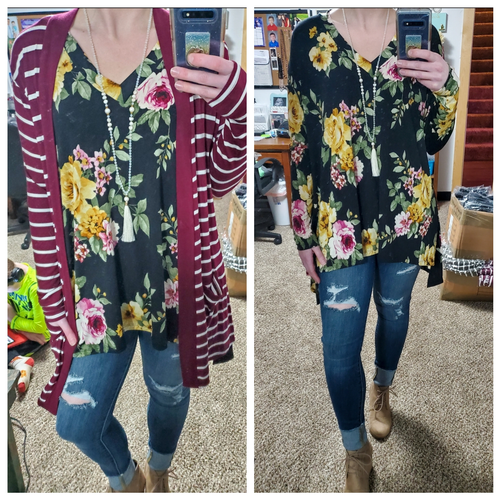 Burgundy Stripe Open Front Favorite Cardigan