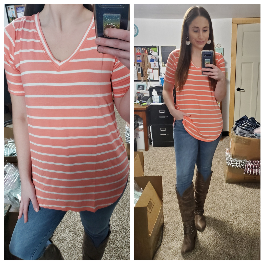 Coral Pink Stripe Vneck Everyday Tee