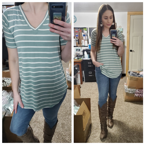 Light Green Stripe Vneck  Everyday Tee