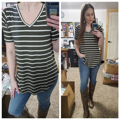 Dark Olive Stripe Luxe Vneck Everyday Tee