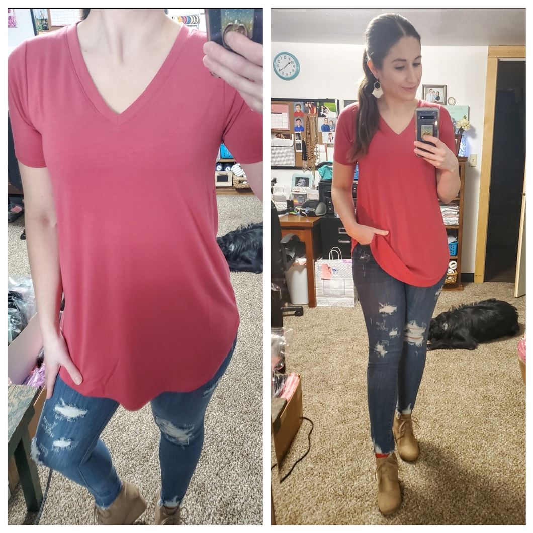 Dark Rose Pink Luxe Vneck Tee