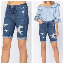 Load image into Gallery viewer, Judy Blue Dark Wash Destroyed Bermuda Shorts