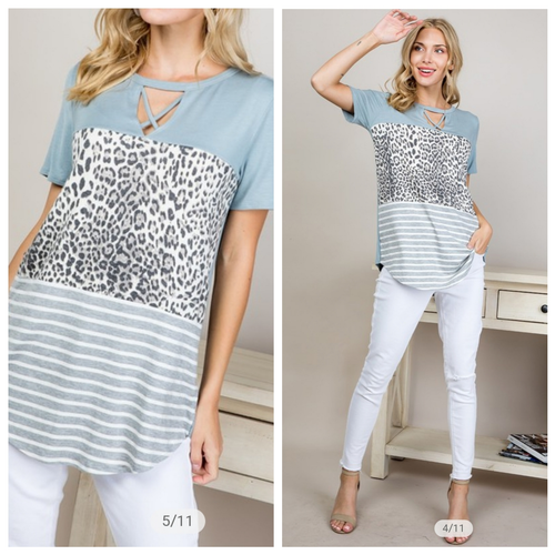 Dusty Blue Leopard Stripe Criss-cross Top