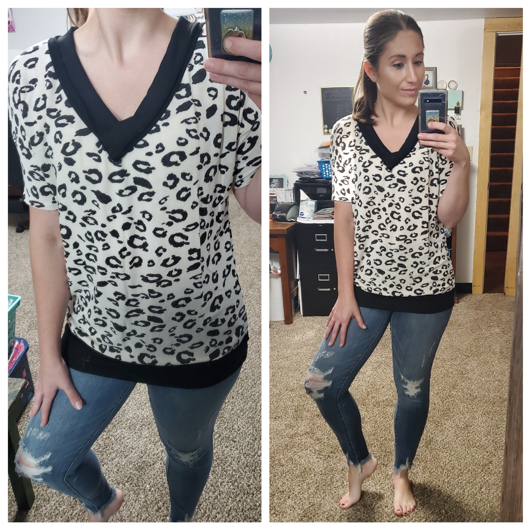 Black Snow Leopard Vneck Top