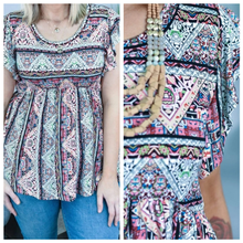 Load image into Gallery viewer, Bohemian Rose Ruffle Sleeve Babydoll Top