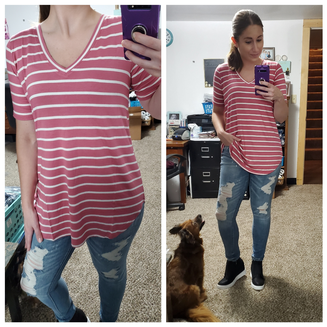 Mauve Pink Stripe Vneck Everyday Tee
