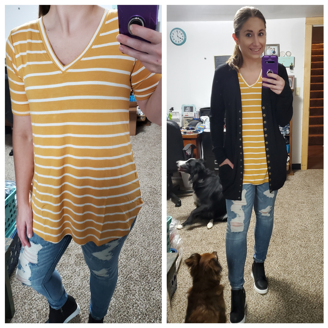 Mustard Stripe Vneck Everyday Tee