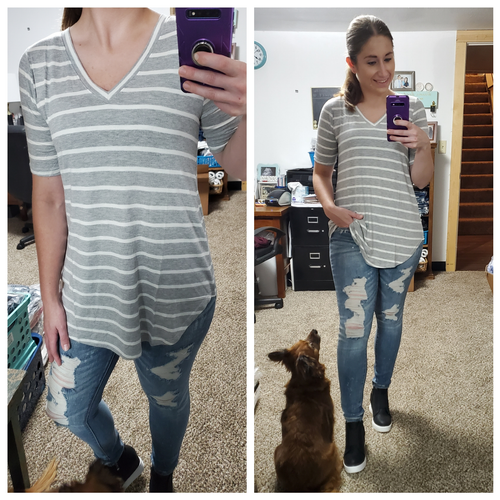 Grey Stripe Vneck Everyday Tee