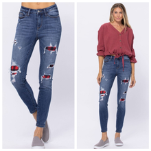 Load image into Gallery viewer, Judy Blue Mid Rise Buffalo Plaid Patch Skinny Jeans