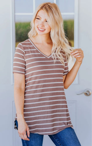 Mocha Stripe Vneck Everyday Tee