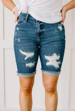 Load image into Gallery viewer, Judy Blue Dark Wash Destroyed Bermuda Shorts