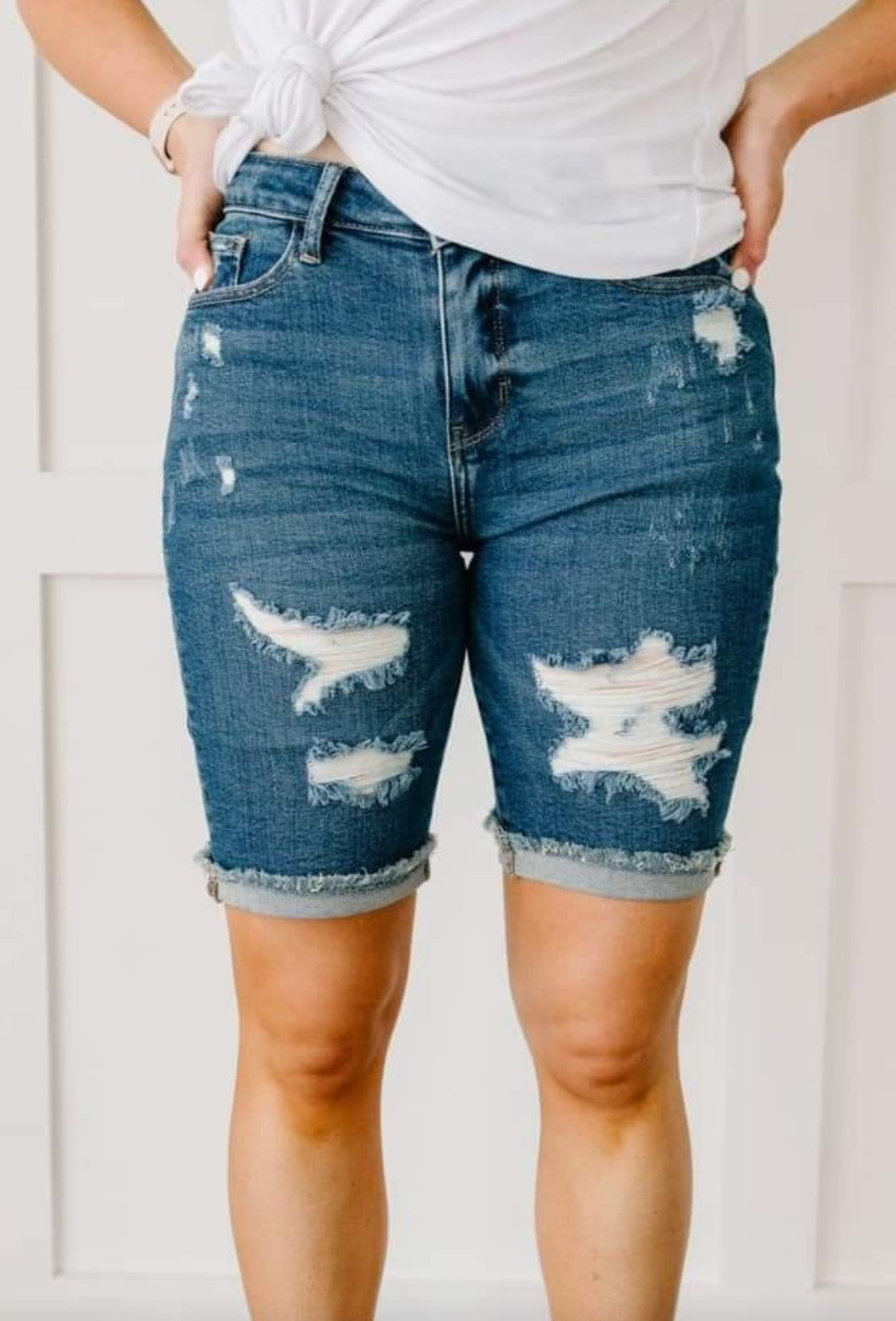Judy Blue Dark Wash Destroyed Bermuda Shorts